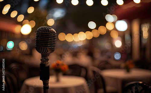 Close up of a vintage microphone with a blurry restaurant on the background and abstract lights.