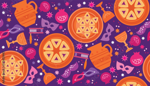 Happy Purim - holiday  jewish carnival  template seamless pattern  Carnival mask, Hamantashen, confetti, clown, garland, crown, firework  Vector festive  illustration