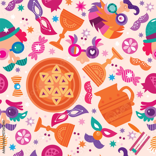 Happy Purim - holiday  jewish carnival  template seamless pattern  Carnival mask, Hamantashen, confetti, clown, garland, crown, firework  Vector festive  illustration