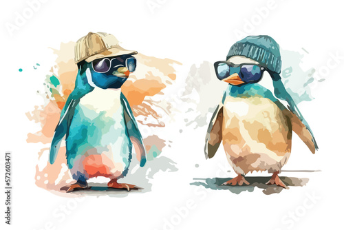 Cute penguin wearing sunglasses, wearing funny cap with watercolor illustration