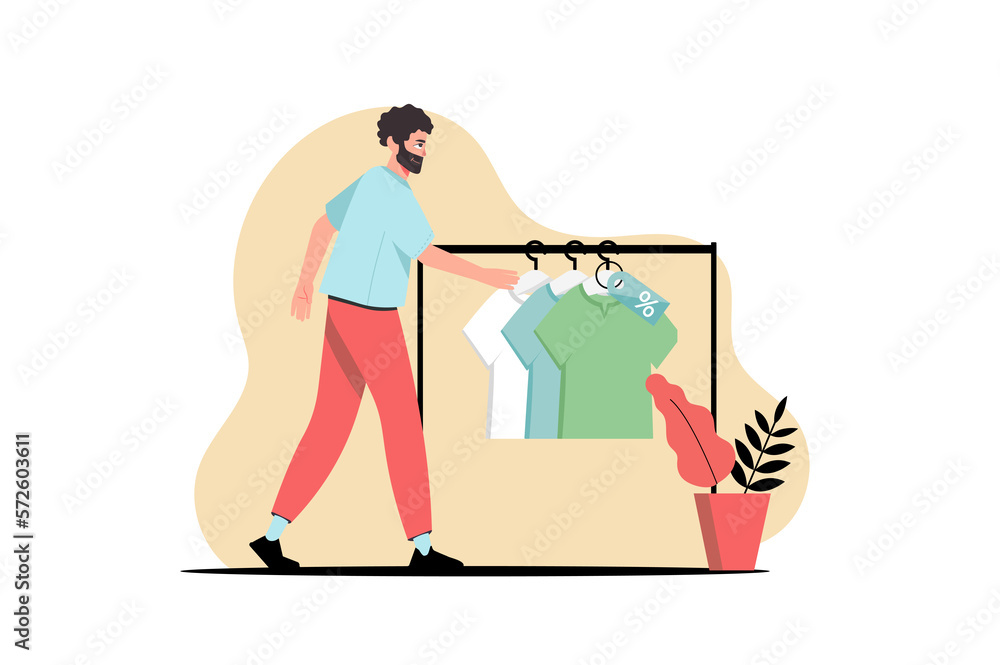 Concept Shopping with people scene in the flat cartoon design. Man choose different T-shirts with a discount in the store.