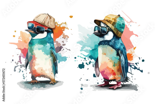 Cute penguin wearing sunglasses, wearing funny cap with watercolor illustration