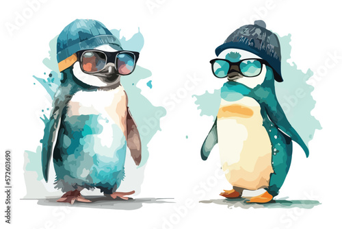 Cute penguin wearing sunglasses, wearing funny cap with watercolor illustration