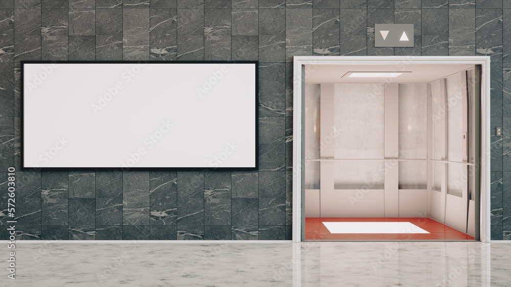 3D illustration. Mockup billboard and two elevators. Useful for your advertising. Panoramic 3D rendering