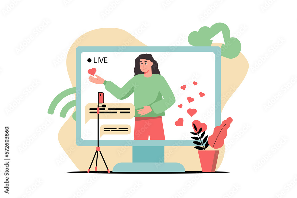 Concept Video streaming with people scene in the flat cartoon design. Famous blogger conducts a live broadcast for its subscribers.