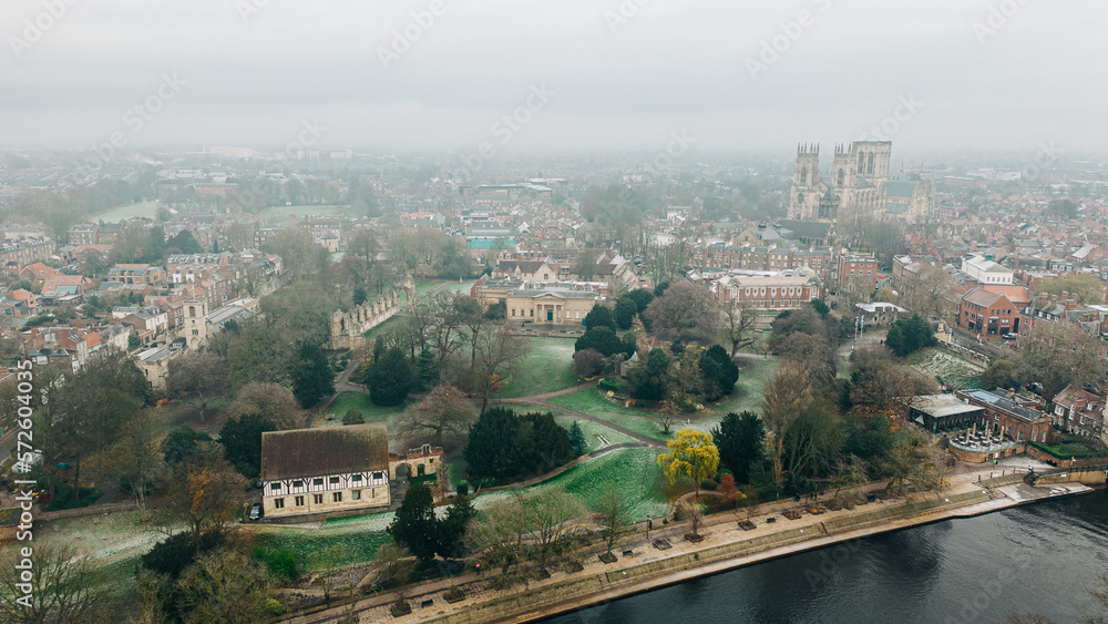 Frosty morning overlooking York City Museum Gardens and Minster with drone, cityscape, United Kingdom
