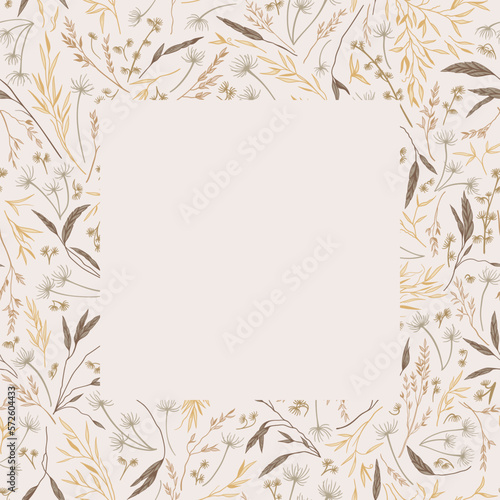 Square frame with dry grass. Natural beige tones. Herbal background. Botanical card with copy space. Vector illustration. Autumn field. Engraving. Layout border for invitations, postcards, cover.
