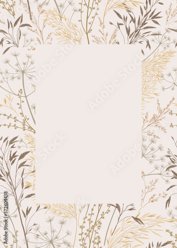 Card with dry and wild grass. Natural beige tones. Vertical botanical frame with copy space.Vector illustration. Autumn field. Sketch. Layout border for invitations, postcards, cover.