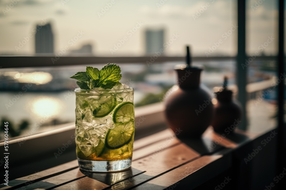A mojito on a terrace overlooking the city A mojito on a terrace overlooking the city