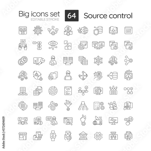 Source control linear icons set. Software development technology. Files changing tracking. SCM system. Customizable thin line symbols. Isolated vector outline illustrations. Editable stroke