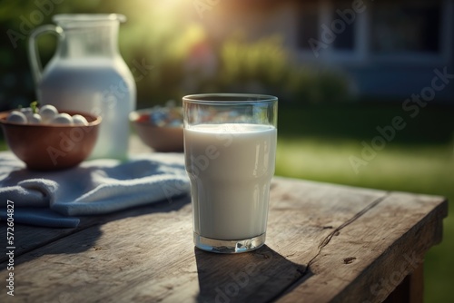 A glass of fresh milk in a sunny garden