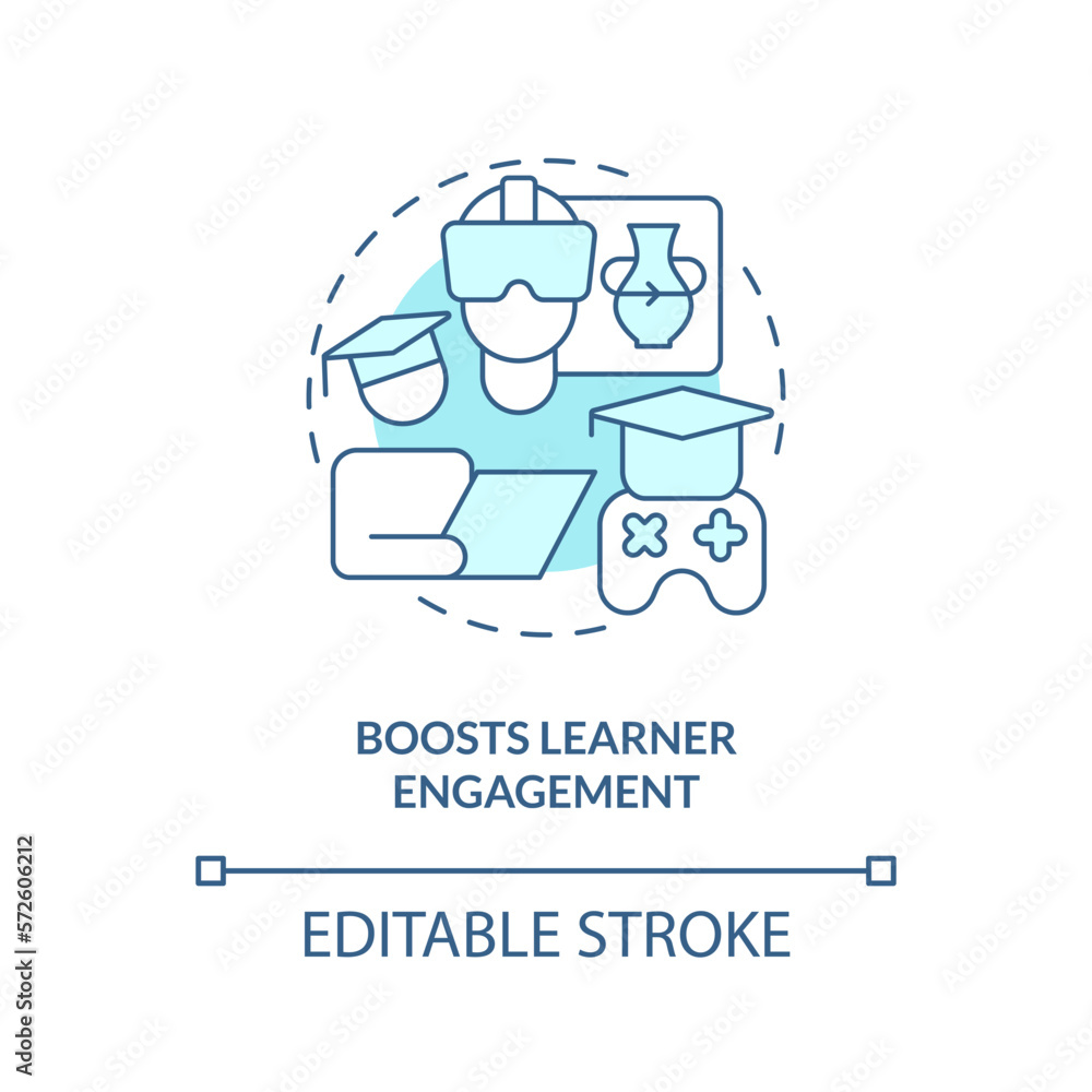 Boost learner engagement turquoise concept icon. Gamification benefits in e learning abstract idea thin line illustration. Isolated outline drawing. Editable stroke. Arial, Myriad Pro-Bold fonts used Boost learner engagement turquoise concept icon. Gamification benefits in e learning abstract idea thin line illustration. Isolated outline drawing. Editable stroke. Arial, Myriad Pro-Bold fonts used