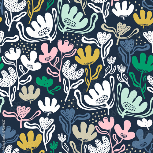 Seamless botanical pattern wit colourful flowers on dark background. Vector floral texture. Vector illustration