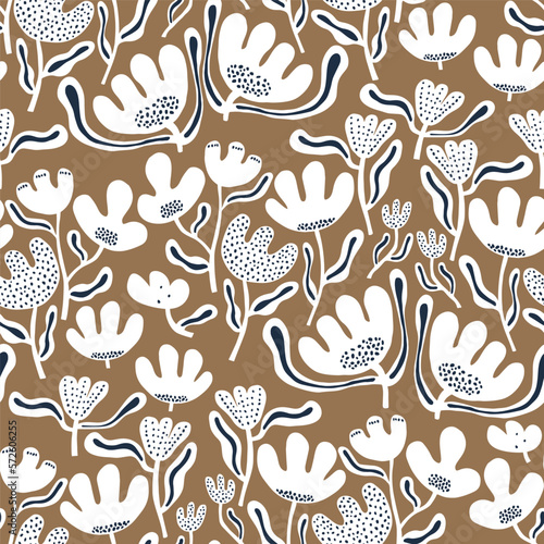 Seamless botanical pattern with white flowers on brown background. Vector floral texture. Vector illustration