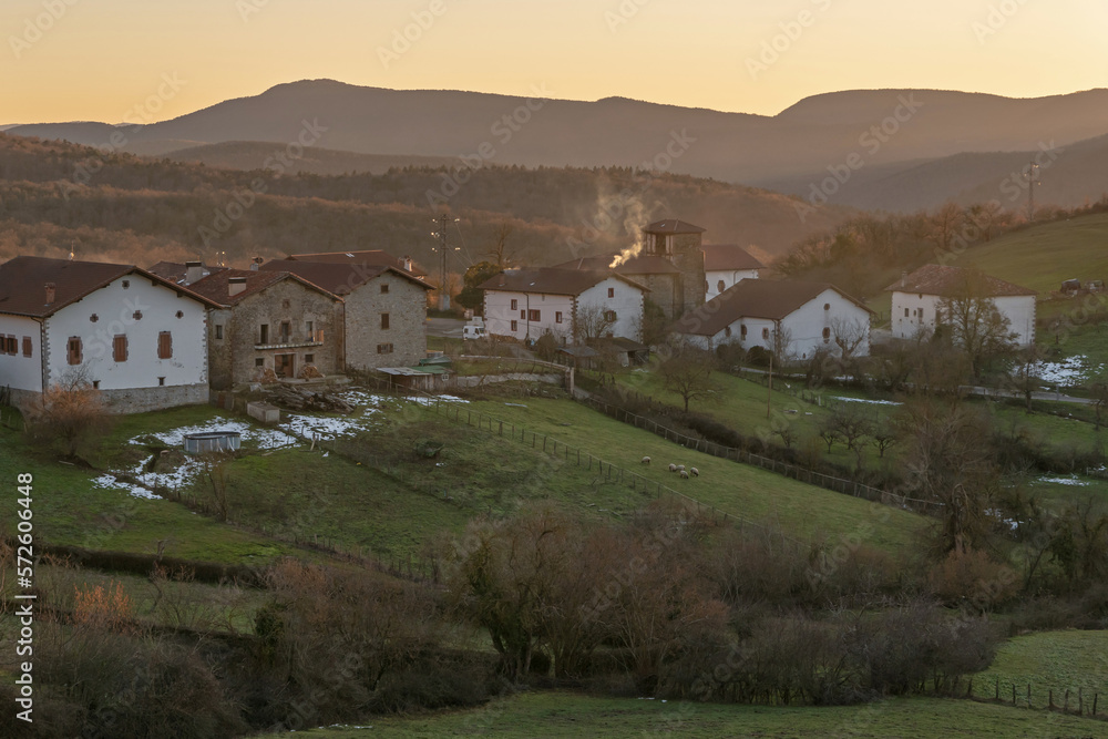Small bucolic town at sunset. Egozkue, Anue. Navarre