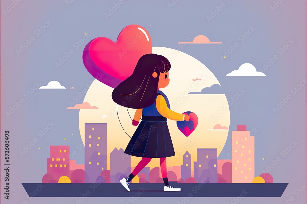 Girl with heart flat illustration created with Generative AI Girl with heart flat illustration created with Generative AI