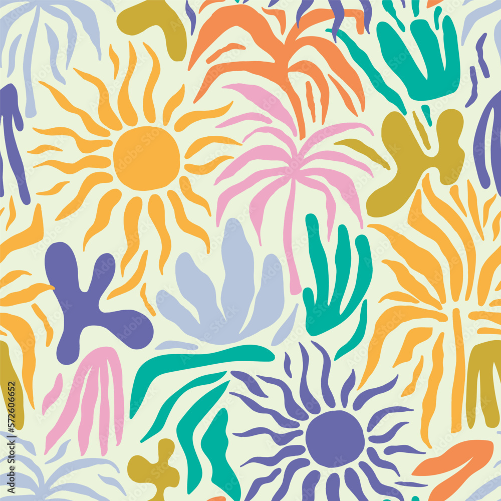 Seamless tropical abstract pattern with sun, palm tree, leaves. Summer texture. Vector illustration