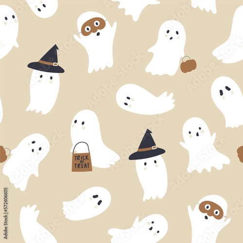 Seamless halloween texture with cute ghosts. Ghost vector pattern.