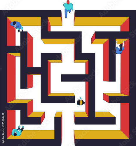 Square maze view from above. People in the labyrinth are looking for a way out.