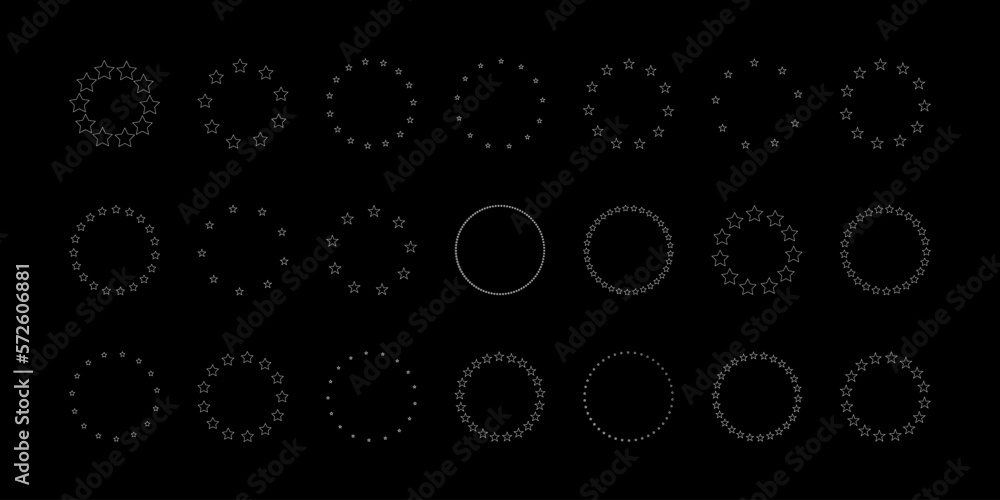 Stars of various sizes arranged in a circle. Black star shape, round frame, border vector image Stars of various sizes arranged in a circle. Black star shape, round frame, border vector image