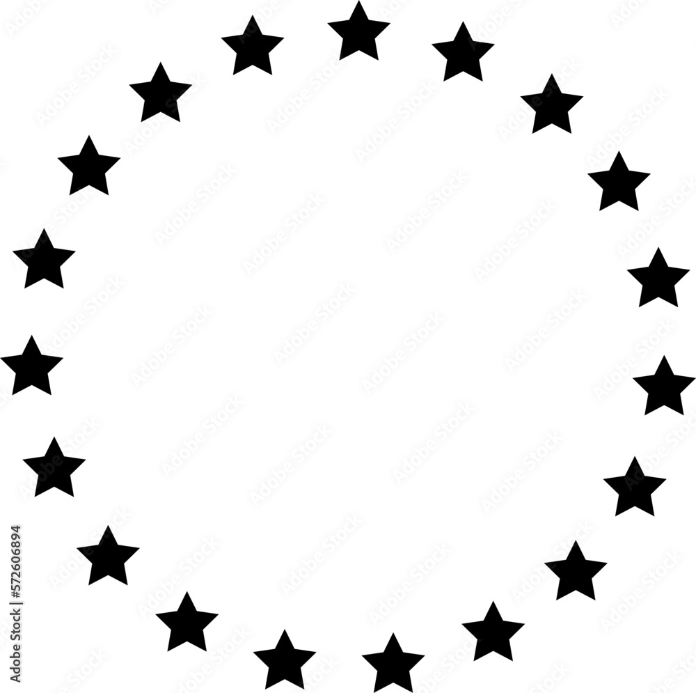 Stars of various sizes arranged in a circle. Black star shape, round ...
