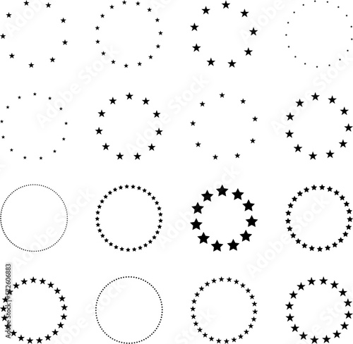 Stars of various sizes arranged in a circle. Black star shape, round frame, border vector image