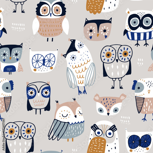 Seamless scandinavian style pattern with cute colourful owls. Childish hand drawn owl birds background. Ideal for fabrics, textiles, apparel, wallpaper.