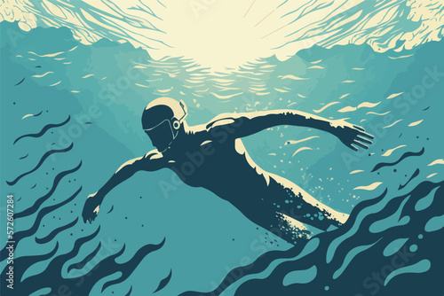swimming in open water vector, person swimming in pool illustration