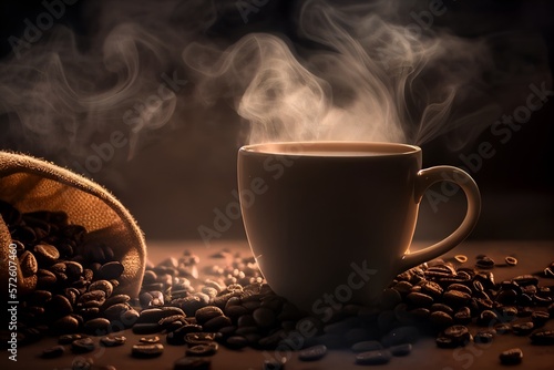 Hot coffee in the morning with coffee beans Generative AI