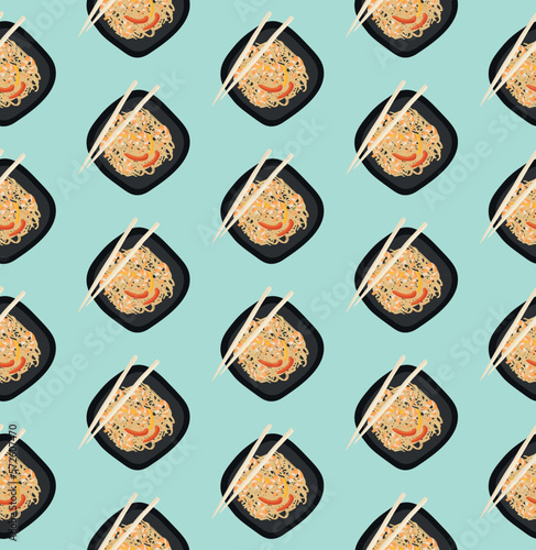 Seamless pattern with Asian cuisine dish soba with shrimp. Template for fabric, textile, wallpaper, paper, packaging. Vector illustration