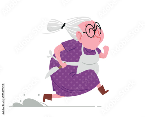 An elderly village lady is running and holding a knife. Gray-haired grandmother's pig slaughter in the countryside. Baking preparation in a chef apron, a gastronomic experience. Cute granny character