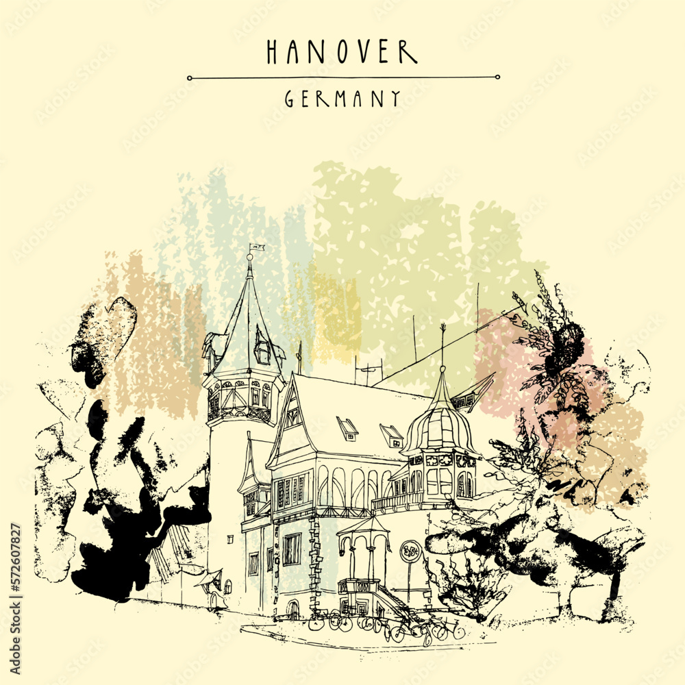 Vector old town of Hanover, Germany, Europe postcard. Beautiful historical Art Nouveau building in a park. Freehand drawing. Travel sketch. Vintage touristic postcard, poster or book illustration