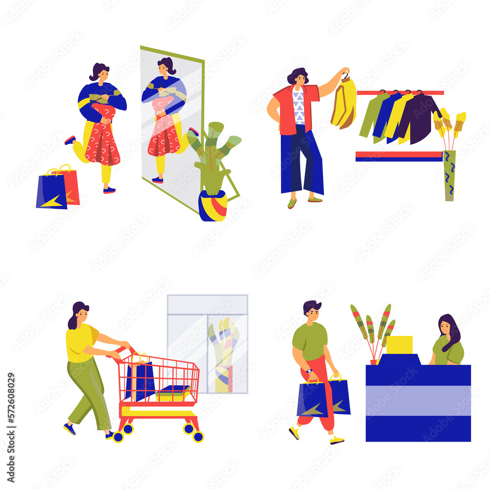 Shopping set concept with people scene in the flat cartoon style. Man and woman go to choose and buy new clothes.