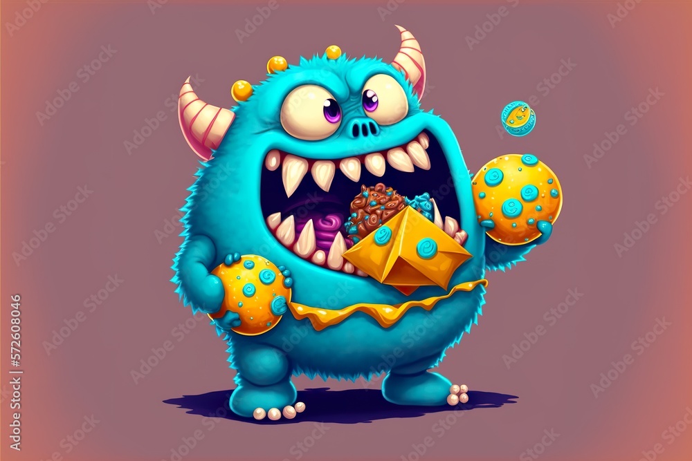Cartoon monster with sweets flat illustration created with Generative AI Cartoon monster with sweets flat illustration created with Generative AI