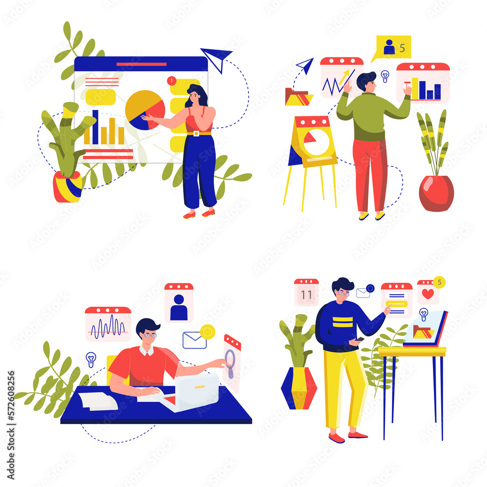 Fototapeta premium Business analysis set concept with people scene in the flat cartoon design. Business people analyzes important data and information about business company.