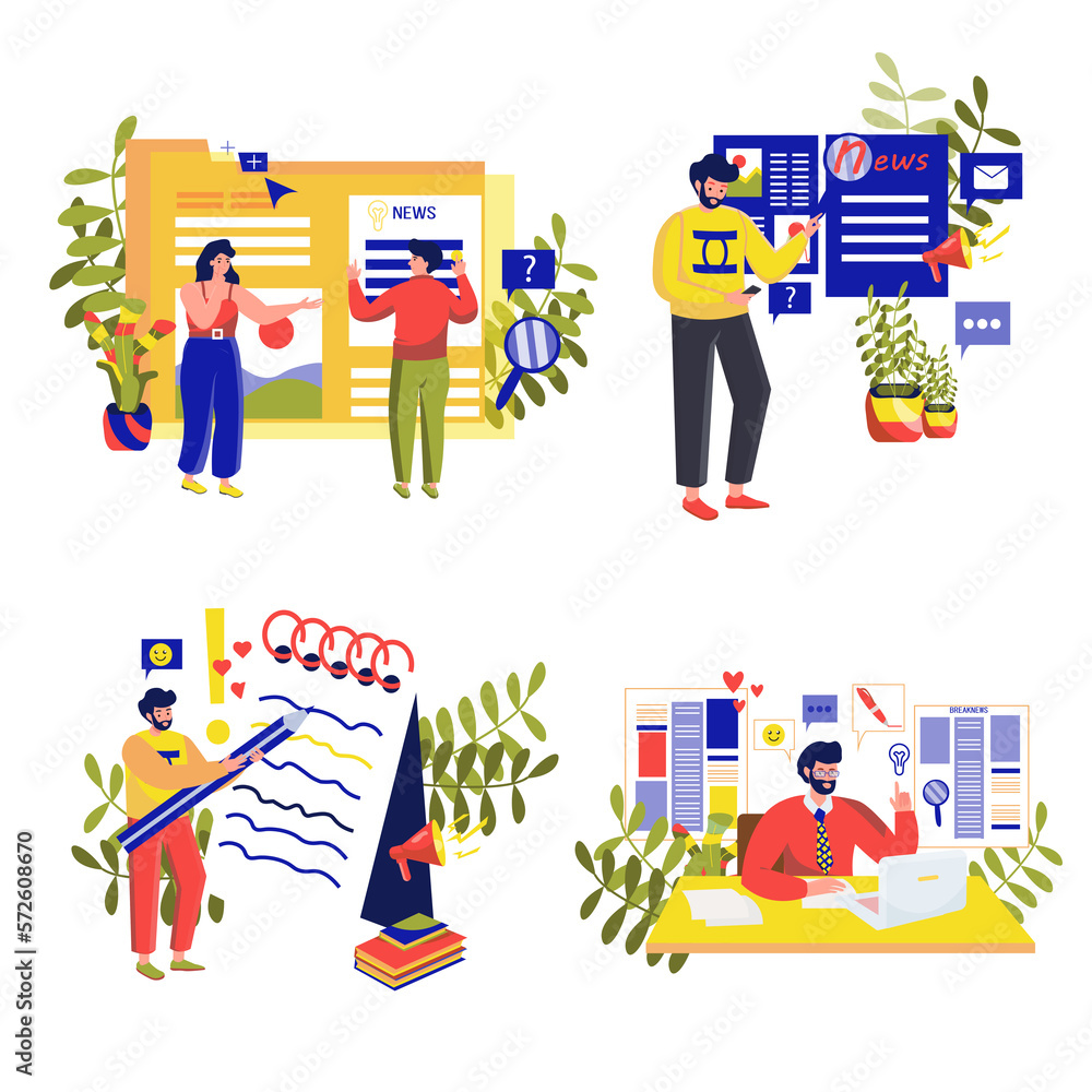 Set concept Journalism with people scene in the flat cartoon style. Journalists work on the writing new science article. Set concept Journalism with people scene in the flat cartoon style. Journalists work on the writing new science article.