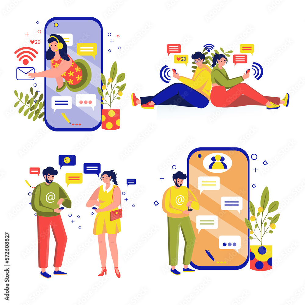 Naklejka premium People Use gadgets set concept with people scene in the flat cartoon design. Friends use different digital gadgets for communicates with a world.
