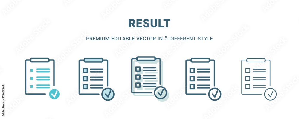 result icon in 5 different style. Outline, filled, two color, thin result icon isolated on white background. Editable vector can be used web and mobile result icon in 5 different style. Outline, filled, two color, thin result icon isolated on white background. Editable vector can be used web and mobile