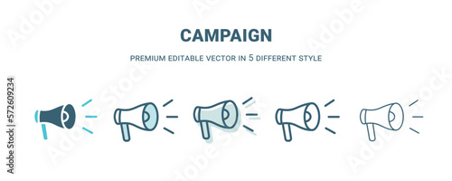 campaign icon in 5 different style. Outline, filled, two color, thin campaign icon isolated on white background. Editable vector can be used web and mobile