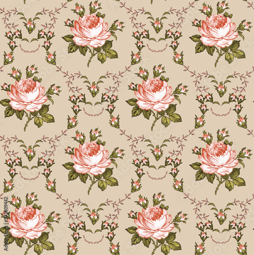Seamless classic pattern. Beautiful pink flowers isolated textile. Vintage background realistic Damascus flowers Roses Drawing engraving Freehand Wallpaper baroque. Vector victorian style Illustration © Наталья Лобенко