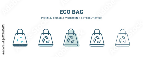 eco bag icon in 5 different style. Outline  filled  two color  thin eco bag icon isolated on white background. Editable vector can be used web and mobile