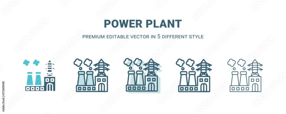 power plant icon in 5 different style. Outline, filled, two color, thin power plant icon isolated on white background. Editable vector can be used web and mobile