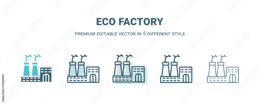 eco factory icon in 5 different style. Outline, filled, two color, thin eco factory icon isolated on white background. Editable vector can be used web and mobile