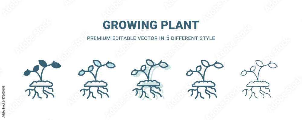 growing plant icon in 5 different style. Outline, filled, two color, thin growing plant icon isolated on white background. Editable vector can be used web and mobile