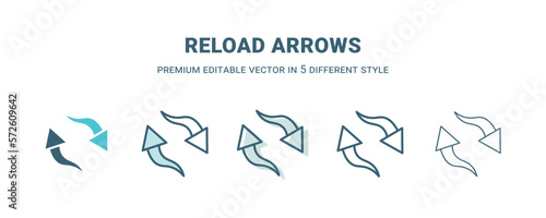 reload arrows icon in 5 different style. Outline, filled, two color, thin reload arrows icon isolated on white background. Editable vector can be used web and mobile