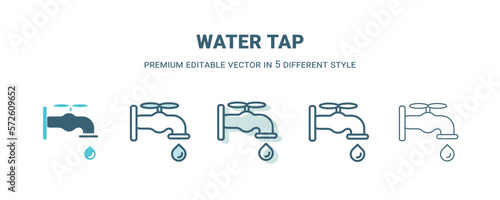 water tap icon in 5 different style. Outline, filled, two color, thin water tap icon isolated on white background. Editable vector can be used web and mobile