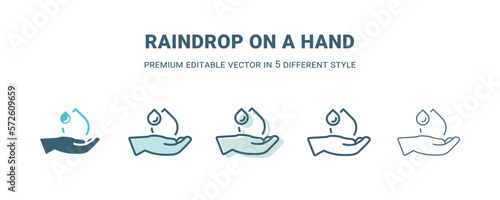 raindrop on a hand icon in 5 different style. Outline, filled, two color, thin raindrop on a hand icon isolated on white background. Editable vector can be used web and mobile
