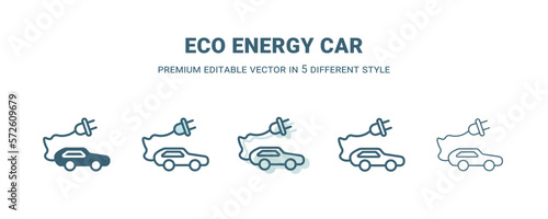 eco energy car icon in 5 different style. Outline, filled, two color, thin eco energy car icon isolated on white background. Editable vector can be used web and mobile