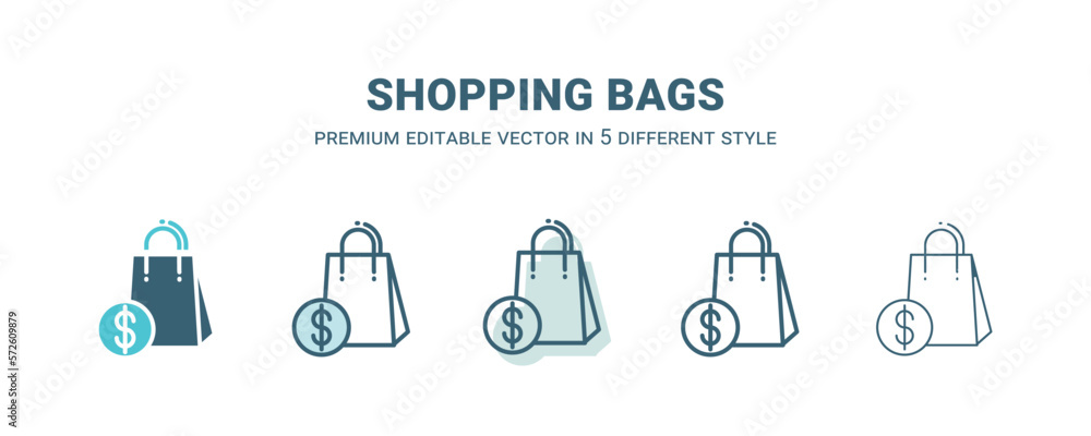 shopping bags icon in 5 different style. Outline, filled, two color, thin shopping bags icon isolated on white background. Editable vector can be used web and mobile shopping bags icon in 5 different style. Outline, filled, two color, thin shopping bags icon isolated on white background. Editable vector can be used web and mobile