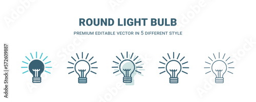 round light bulb icon in 5 different style. Outline, filled, two color, thin round light bulb icon isolated on white background. Editable vector can be used web and mobile